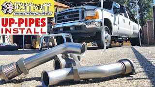 2001 F350 73  RiffRaff UpPipes Install  Stock up pipes leaking and falling apart JUNK SP [upl. by Euqor199]